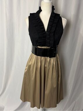 Eliza J Mixed Media Ruffle V-Neck Midi Dress - Black & Tan - Size 4